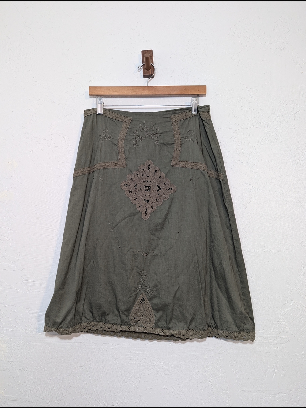 Women's Vintage 90s Army Green Boho Lace-Trim A-Line Cotton Skirt Fairy Grunge